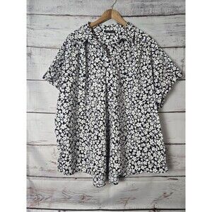 Lane Bryant Womens Top Size 28 Navy White Floral Short Sleeve Collar Popover